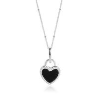 Sterling Silver Jewelry Necklace, 925 Sterling Silver, with Black Agate & Shell, Heart, silver color plated, for woman, silver color Approx 17.7 Inch 