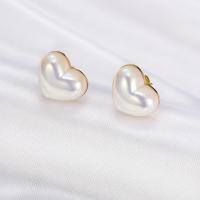 Titanium Steel Earrings, with Plastic Pearl, Heart, gold color plated, for woman, gold 