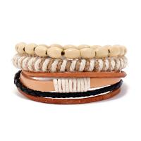 PU Leather Cord Bracelets, with Linen & Cowhide & Wax Cord & Wood, three pieces & fashion jewelry & Unisex Approx 17-18 cm 