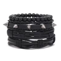 PU Leather Cord Bracelets, with Cowhide & Wax Cord & Wood & Zinc Alloy, 4 pieces & fashion jewelry & Unisex, black Approx 17-18 cm 
