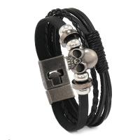 PU Leather Cord Bracelets, with Cowhide & Wax Cord & Copper Coated Plastic & Zinc Alloy, Skull, handmade, fashion jewelry & multilayer & Unisex, black, 20mm Approx 8.46 Inch 