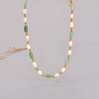Natural Freshwater Pearl Necklace, 316L Stainless Steel, with Jade & Freshwater Pearl, with 7cm extender chain, Vacuum Ion Plating, fashion jewelry & for woman, golden Approx 38 cm 