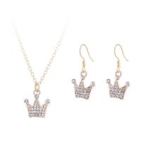Rhinestone Zinc Alloy Jewelry Set, earring & necklace, with Rhinestone, Crown, gold color plated, for woman Approx 41-47 cm 