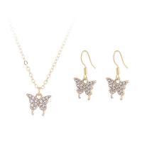 Rhinestone Zinc Alloy Jewelry Set, earring & necklace, with Rhinestone, Butterfly, gold color plated, for woman Approx 41-47 cm 