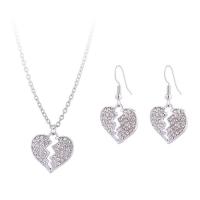 Rhinestone Zinc Alloy Jewelry Set, earring & necklace, with Rhinestone, Heart, silver color plated, for woman Approx 41.5-48 cm 