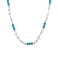 Glass Zinc Alloy Necklace, with Seedbead, Cross, silver color plated, for woman, blue Approx 43.5-51 cm 