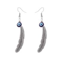 Boucles d'oreilles de mauvais œil, alliage de zinc, forme de plume, Placage de couleur argentée, pour femme & émail, bleu Vendu par paire