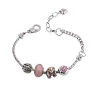 Zinc Alloy European Bracelets, with Crystal & Brass, silver color plated, for woman & enamel & with rhinestone, pink Approx 19-24.5 cm 