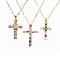 Cubic Zircon Micro Pave Brass Necklace, with 1.97 extender chain, Cross, gold color plated & micro pave cubic zirconia & for woman, mixed colors .72 Inch 