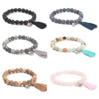Gemstone Bracelets, Natural Stone, with Cotton Thread & Zinc Alloy, Heart, silver color plated, fashion jewelry & for woman 8mm .6 cm 