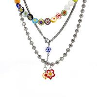 Lampwork Jewelry Necklace, Titanium Steel, with Millefiori Lampwork, with 5cm extender chain, Flower, polished, three layers & fashion jewelry & for woman, multi-colored cm, 36 cm, 43 cm 