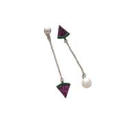 asymmetrische Ohrringe, Messing, mit Kunststoff Perlen, Wassermelone, silberfarben plattiert, Modeschmuck & Micro pave Zirkonia & für Frau, 55mm, verkauft von Paar