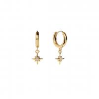 Huggie Hoop Drop Earring, Brass, Eight Point Star, real gold plated, micro pave cubic zirconia & for woman, 17.2mm, 10.2mm 
