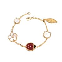 Brass Bracelets, with Red Agate & White Shell, Ladybug, 18K gold plated, fashion jewelry & for woman Approx 7.5 Inch 