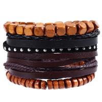 cuir de peau de vache Set de bracelet, avec corde de cire & bois, 4 pièces & bijoux de mode & unisexe & avec strass Environ 17-18 cm, Vendu par fixé