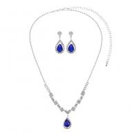 Crystal Jewelry Sets, Rhinestone, earring & necklace, with brass claw chain & Crystal, Teardrop, silver color plated, 2 pieces & for woman, blue, 25mm,28mm Approx 62 cm 