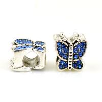 Rhinestone Zinc Alloy European Beads, Butterfly, silver color plated, DIY & with rhinestone Approx 