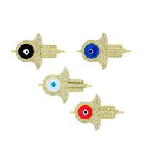 Conector de joyería de mal de ojo, metal, Mano, chapado en color dorado, Bricolaje & patrón de malvado de ojo & micro arcilla de zirconia cúbica & esmalte & 1/1 aro, más colores para la opción, 25.7x17mm, Vendido por UD
