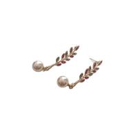 Zinc Alloy Rhinestone Drop Earring, with Plastic Pearl, Leaf, gold color plated, fashion jewelry & for woman & with rhinestone 