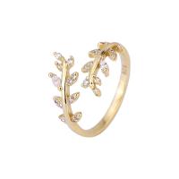 Brass Cuff Finger Ring, Leaf, plated, adjustable & for woman & with rhinestone 11mm, US Ring .5 