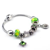 Zinc Alloy European Bracelets, with Lampwork & Iron, silver color plated & Unisex & with rhinestone, green 