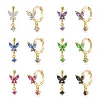 Huggie Hoop Drop Earring, Brass, Butterfly, plated, micro pave cubic zirconia & for woman 9mm 