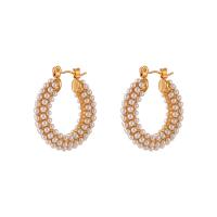 Stainless Steel Hoop Earring, 304 Stainless Steel, with Plastic Pearl, 18K gold plated, fashion jewelry & for woman, golden 