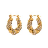 Stainless Steel Hoop Earring, 304 Stainless Steel, 18K gold plated, fashion jewelry & micro pave cubic zirconia & for woman, golden 