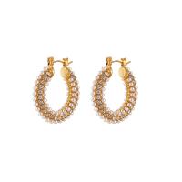 Stainless Steel Hoop Earring, 304 Stainless Steel, with Plastic Pearl, 18K gold plated, fashion jewelry & micro pave cubic zirconia & for woman, golden 