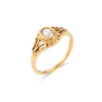 Stainless Steel Finger Ring, 304 Stainless Steel, with Freshwater Pearl, Vacuum Ion Plating & for woman, golden 