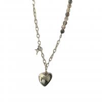 Titanium Steel Jewelry Necklace, with Glass Beads & Plastic Pearl, Heart, fashion jewelry & for woman, silver color .3 cm 