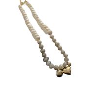 Freshwater Pearl Brass Necklace, with Brass, with 5cm extender chain, Heart, gold color plated, fashion jewelry & for woman, white .8 cm 