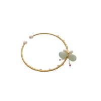 Brass Cuff Bangle, with Green Aventurine & Freshwater Pearl, Bowknot, gold color plated, fashion jewelry & for woman, Inner Approx 58.2mm 
