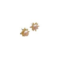 Freshwater Pearl Brass Earring, with Freshwater Pearl, Flower, gold color plated, fashion jewelry & micro pave cubic zirconia & for woman 