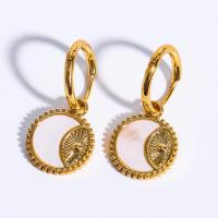 Huggie Hoop Drop Earring, Brass, with Shell, Round, gold color plated, fashion jewelry & for woman, golden, 31mm 