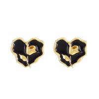 Enamel Zinc Alloy Stud Earring, Heart, gold color plated, fashion jewelry & with flower pattern & for woman, two different colored 