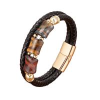PU Leather Cord Bracelets, with Tiger Eye & 304 Stainless Steel, handmade, Double Layer & braided bracelet & Unisex Approx 8.3 Inch 