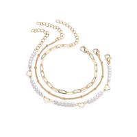 metal Pulsera, con Perlas plásticas, chapado en oro real, tres piezas & para mujer, dorado, longitud:23 cm, Vendido por UD