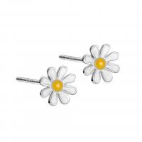 Sterling Silver Stud Earring, 925 Sterling Silver, Daisy, platinum plated, for woman & enamel, white, 7mm 