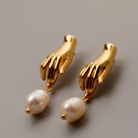 Freshwater Pearl Brass Earring, with Freshwater Pearl, Hand, real gold plated, fashion jewelry & for woman, 25mm, 11mm 