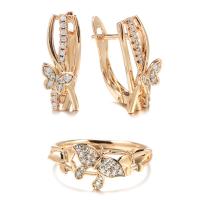 Cubic Zirconia Micro Pave Brass Jewelry Sets, finger ring & earring, Butterfly, rose gold color plated & micro pave cubic zirconia & for woman, 18mm, US Ring 