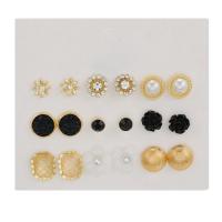 Zinc Alloy Stud Earring Set, gold color plated, 9 pieces & for woman & with rhinestone, 0.9cm,1cm,1.2cm,1.4cm,1.3cm 
