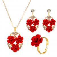 Rhinestone Zinc Alloy Jewelry Set, finger ring & earring & necklace, with 5cm extender chain, Rose, gold color plated, three pieces & fashion jewelry & for woman & with rhinestone, two different colored cm 