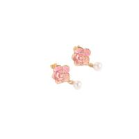 Brass Drop Earring, with Plastic Pearl, Flower, 14K gold plated, for woman & enamel 