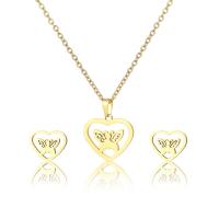 Fashion Stainless Steel Jewelry Sets, 304 Stainless Steel, Stud Earring & necklace, Heart, 2 pieces & fashion jewelry & butterfly design & for woman, golden Approx 17.72 Inch 