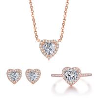 Cubic Zirconia Micro Pave Brass Jewelry Sets, Stud Earring & finger ring & necklace, with 1.97inch extender chain, Heart, plated, three pieces & micro pave cubic zirconia & for woman US Ring  Approx 15.7 Inch 