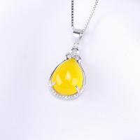 Gemstone Necklaces, Thailand Sterling Silver, with Chalcedony, Teardrop, silver color plated, for woman & with rhinestone 