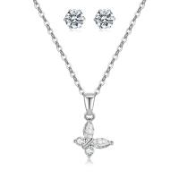 Cubic Zirconia Micro Pave Brass Jewelry Sets, Stud Earring & necklace, with 2inch extender chain, Butterfly, silver color plated, 2 pieces & fashion jewelry & micro pave cubic zirconia & for woman Approx 17 Inch 