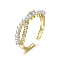 Pearl Brass Finger Ring, with Plastic Pearl, gold color plated, fashion jewelry & micro pave cubic zirconia & for woman 