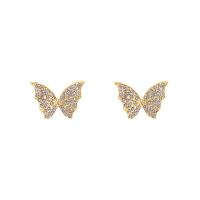 Zinc Alloy Rhinestone Stud Earring, 925 sterling silver post pin, Butterfly, plated, fashion jewelry & for woman & with rhinestone, two different colored 